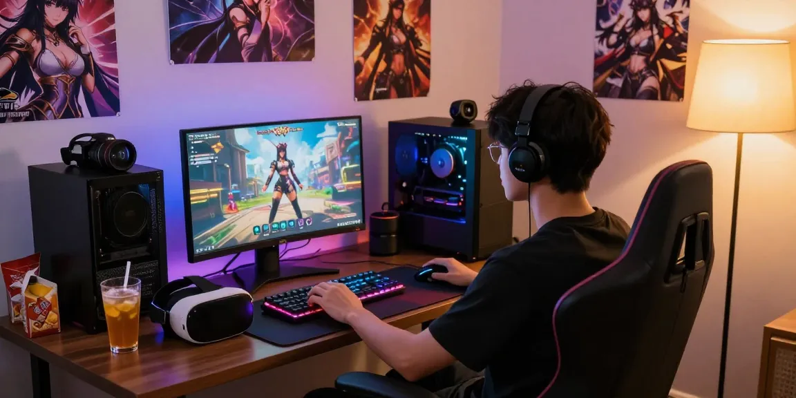 Engaged gamer playing a real hentai game on a high-definition monitor in a cozy, vibrant gaming setup.