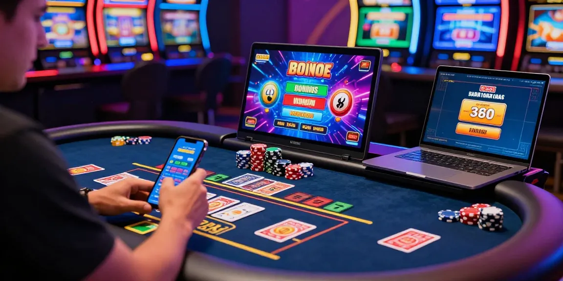 Experience the thrill of a credit card casino with a player enjoying live dealer games and colorful slot displays.