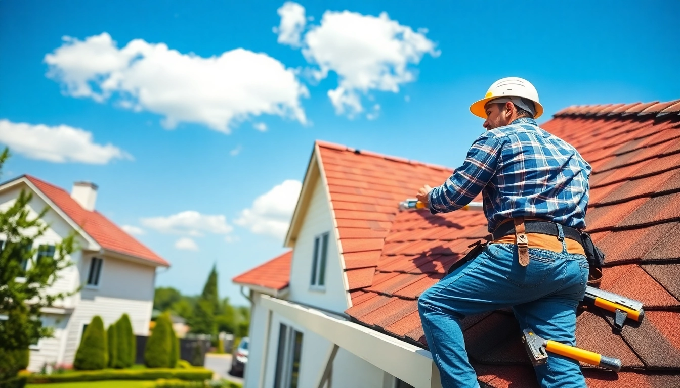 Roofing company contractor actively installing shingles on a suburban home.