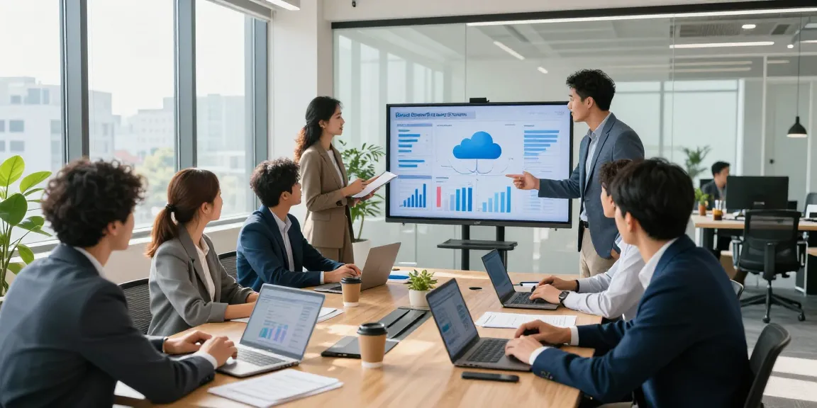 Business team discussing cloud based phone system strategies in a modern office.