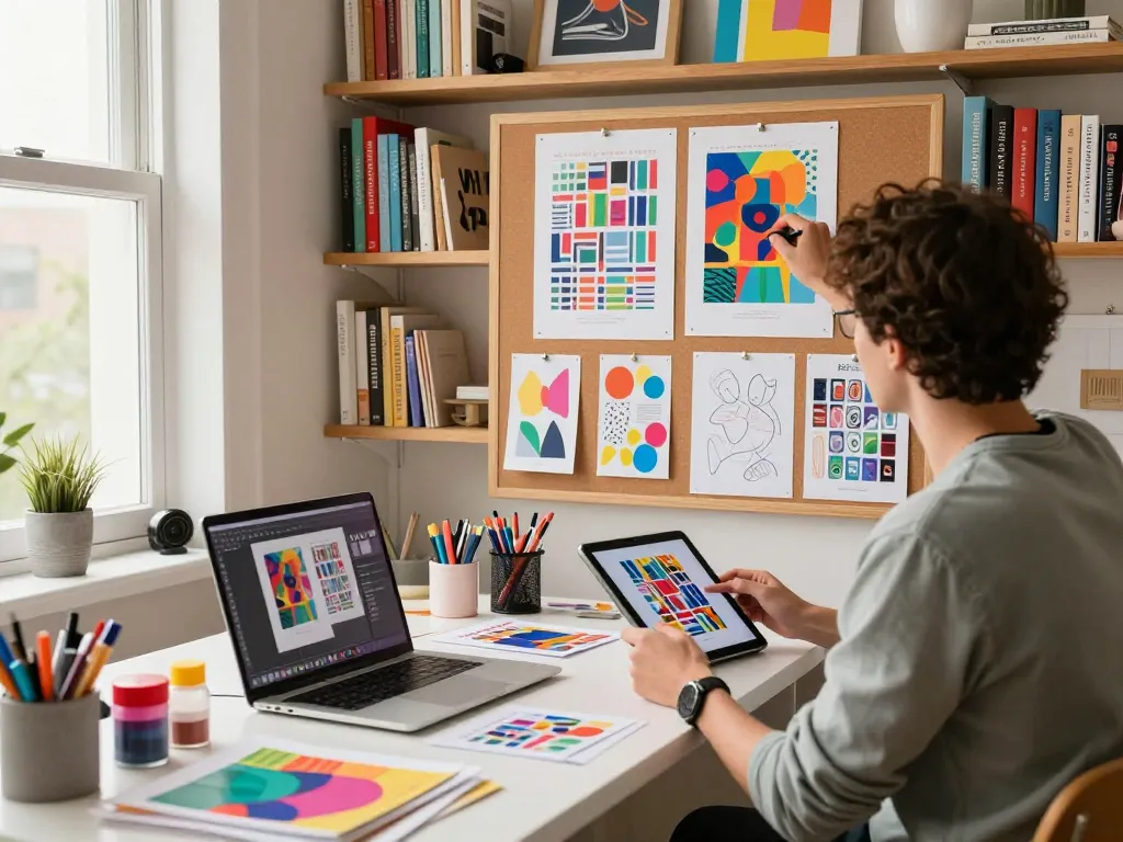 Designer finalizing poster printing designs in a creative workspace, surrounded by art supplies and vibrant prints.