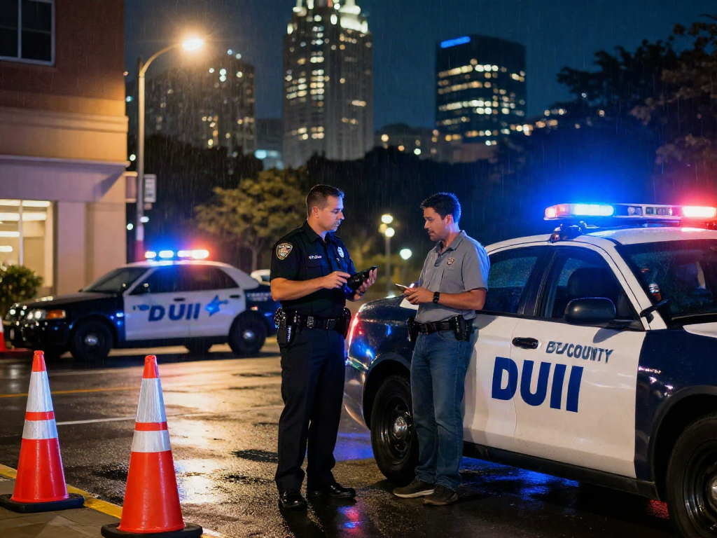 Cobb County DUI officer conducting a sobriety checkpoint under city lights.