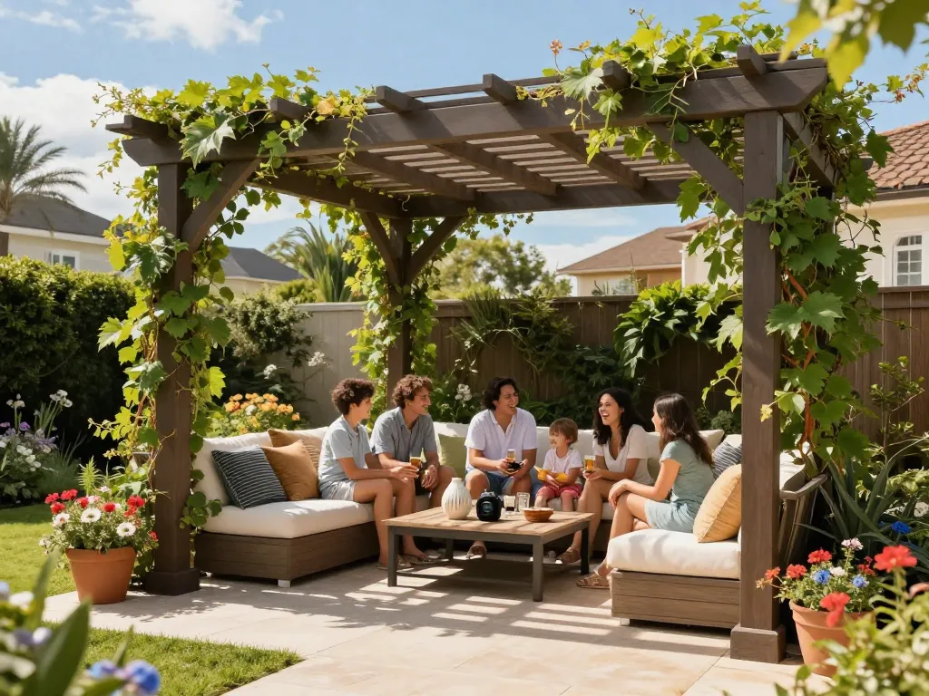 Cozy outdoor scene featuring a 3D pergola over a family gathering with vibrant flowers.