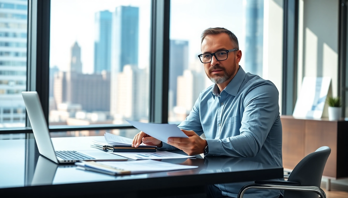 Consultant reviewing Federal and State contracts and grants in a modern office