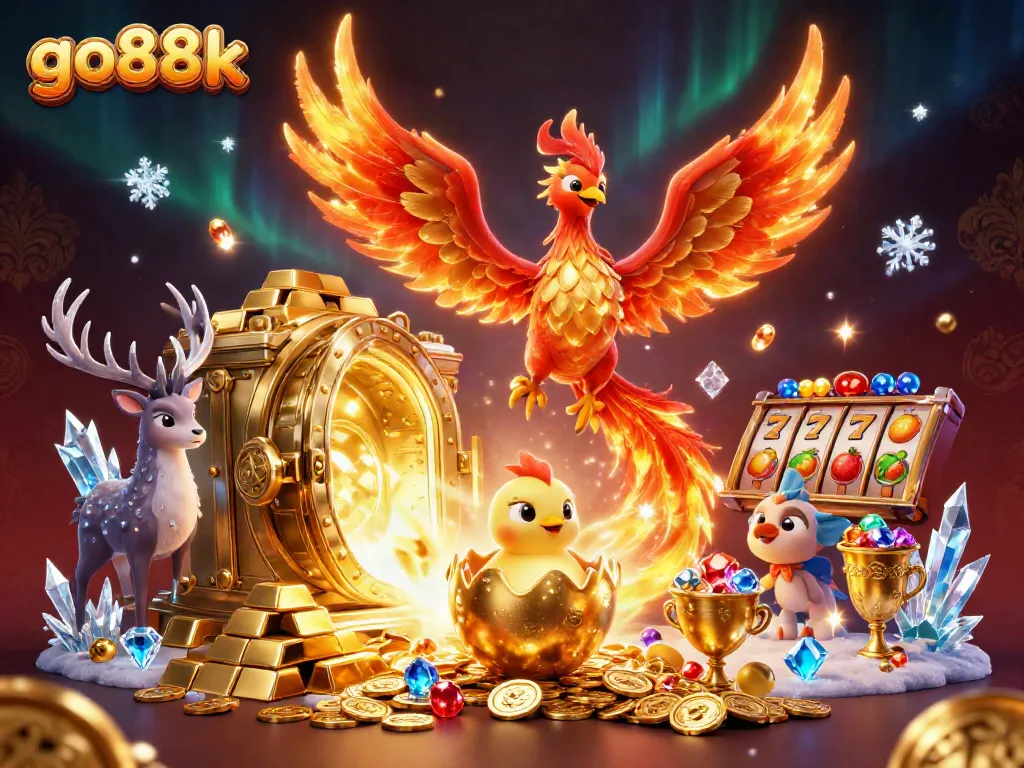 Spin the reels with go88k in this vibrant casino scene featuring a phoenix and gems.