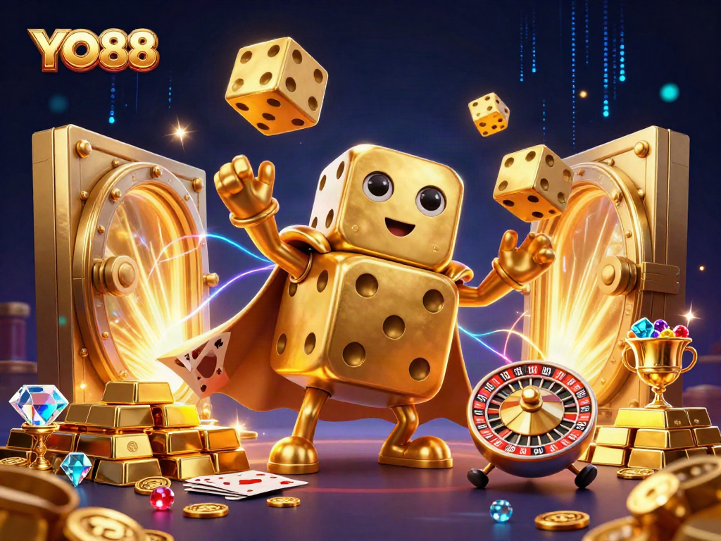 Experience excitement with YO88 as the golden dice golem juggles winnings in a vibrant casino scene.