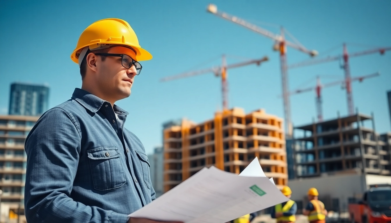 New Jersey Construction Manager supervising a building project with workers and cranes in the background.