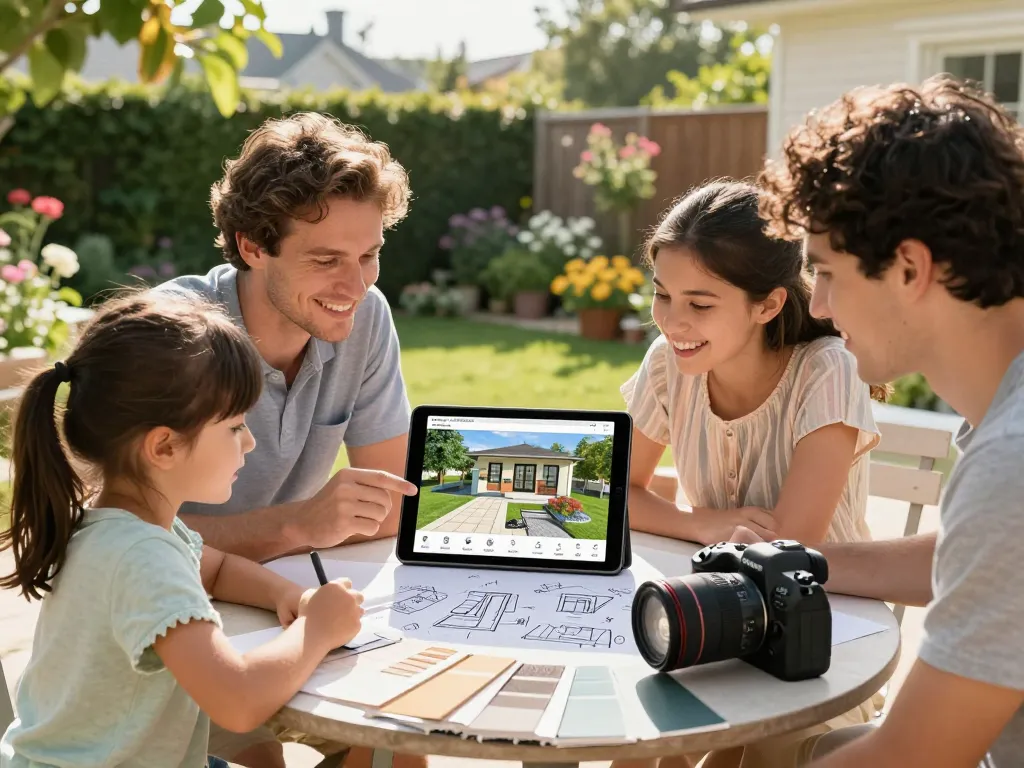A family using a veranda configurator on a tablet to design their dream outdoor space with vibrant garden in background.