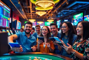 An engaging scene of diverse players enjoying online gaming and betting activities at sbobet.dance, showcasing excitement and modern technology.