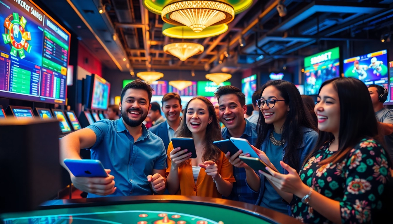 An engaging scene of diverse players enjoying online gaming and betting activities at sbobet.dance, showcasing excitement and modern technology.