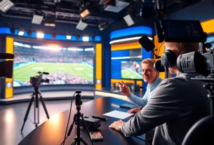 Engaging sports broadcasting scene showcasing vibrant interaction and advanced technology.