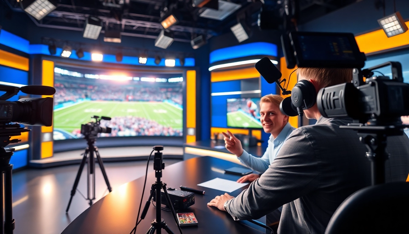 Engaging sports broadcasting scene showcasing vibrant interaction and advanced technology.