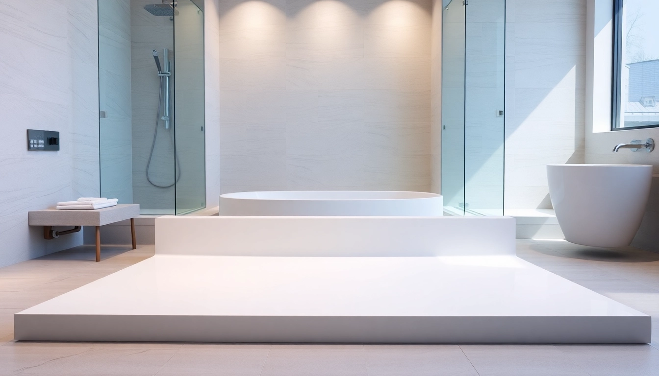 See elegant shower bases featured prominently in a modern luxury bathroom setting.
