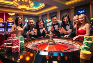 Experience the excitement of playing at tg88 casino with vibrant chips and a roulette table.