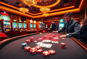 Exciting poker action at okfun casino with vibrant chips and professional dealers.