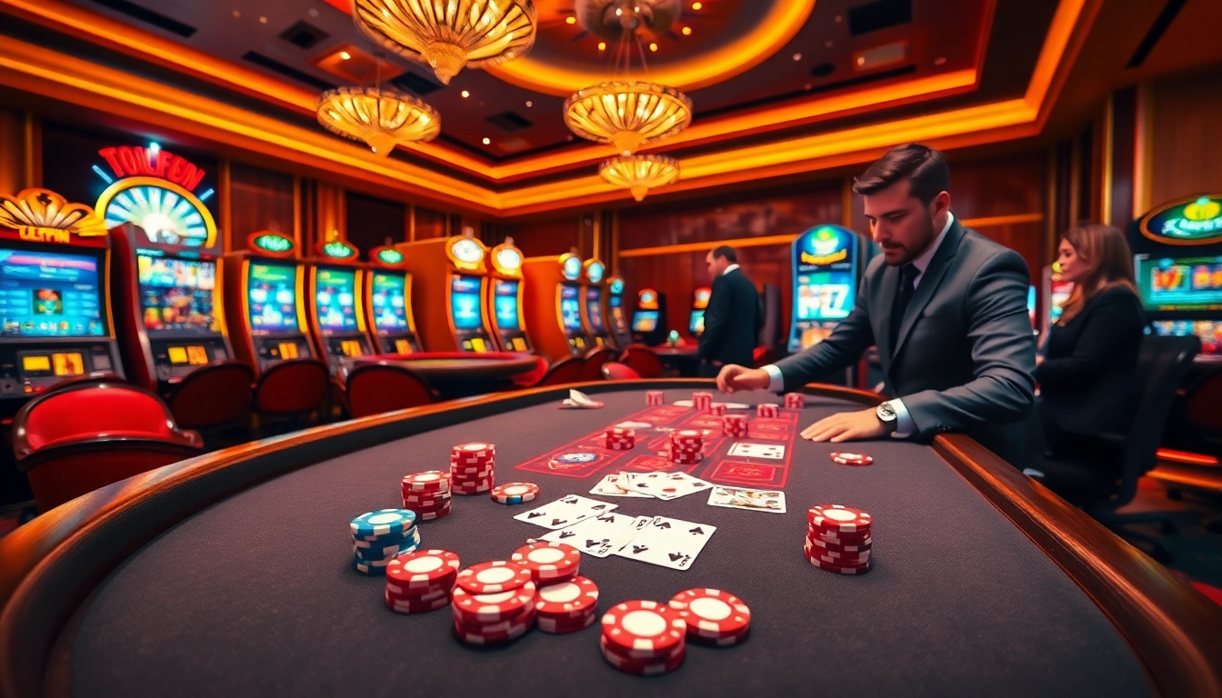 Exciting poker action at okfun casino with vibrant chips and professional dealers.