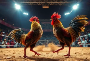 Live cockfighting action at dagawin.live, showcasing thrilling Thomo matches and vibrant crowd excitement.