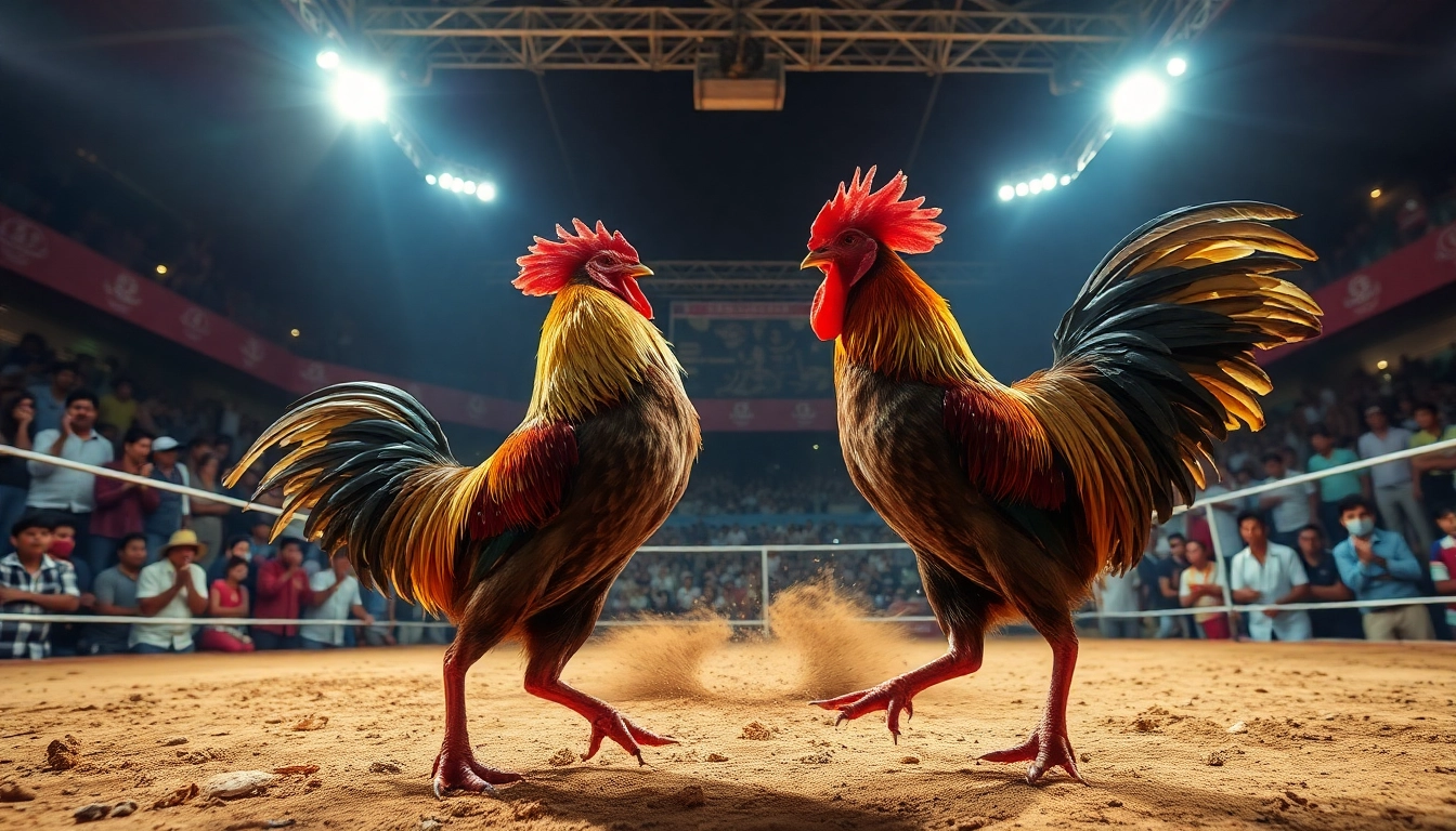 Live cockfighting action at dagawin.live, showcasing thrilling Thomo matches and vibrant crowd excitement.