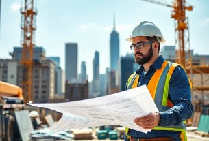 New York General Contractor overseeing construction project at urban site with blueprints.