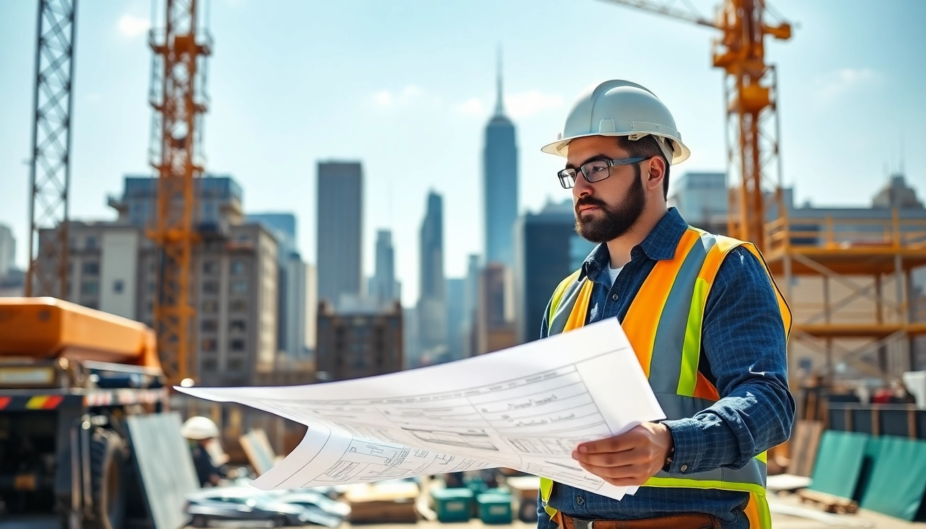 New York General Contractor overseeing construction project at urban site with blueprints.