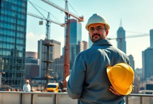 New York City Commercial General Contractor leads a bustling construction site with cranes and blueprints.
