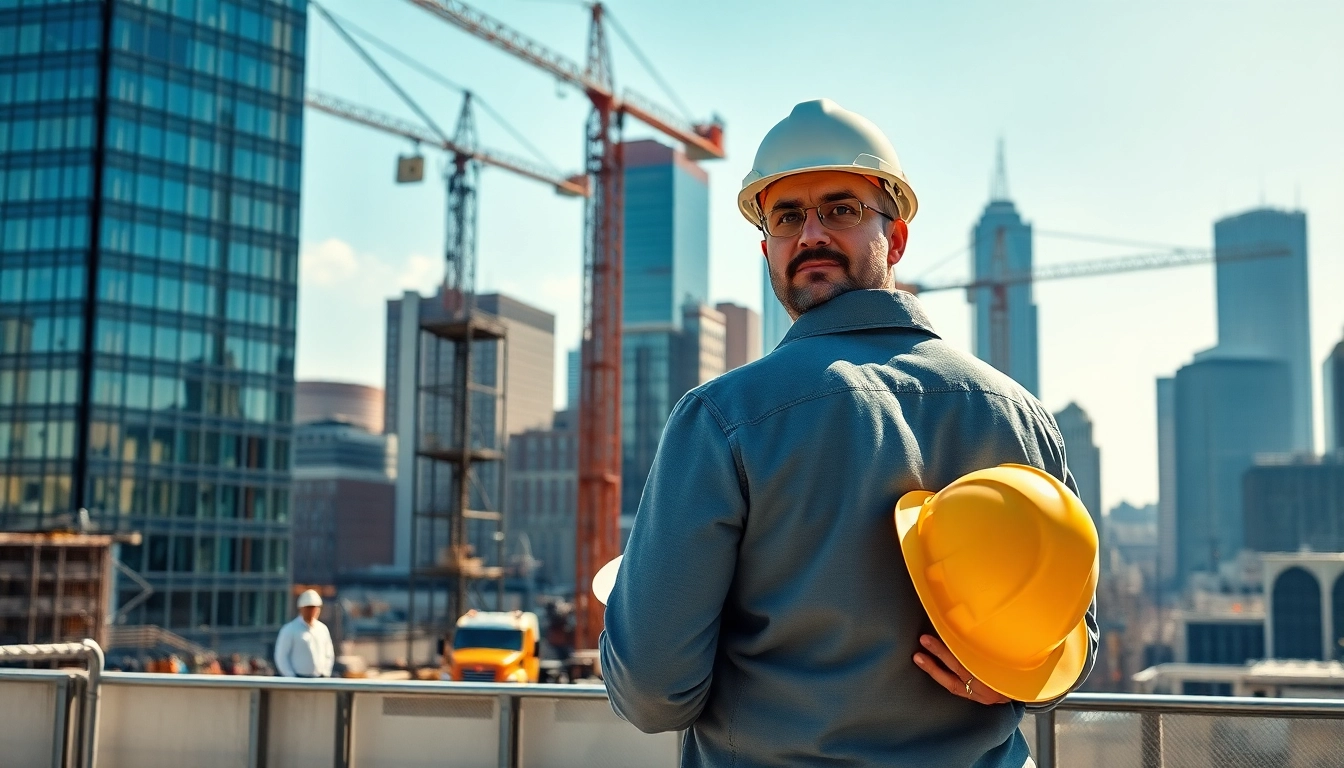 New York City Commercial General Contractor leads a bustling construction site with cranes and blueprints.