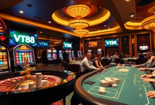 Players enjoying an exhilarating casino experience at VT88 with roulette and poker tables.