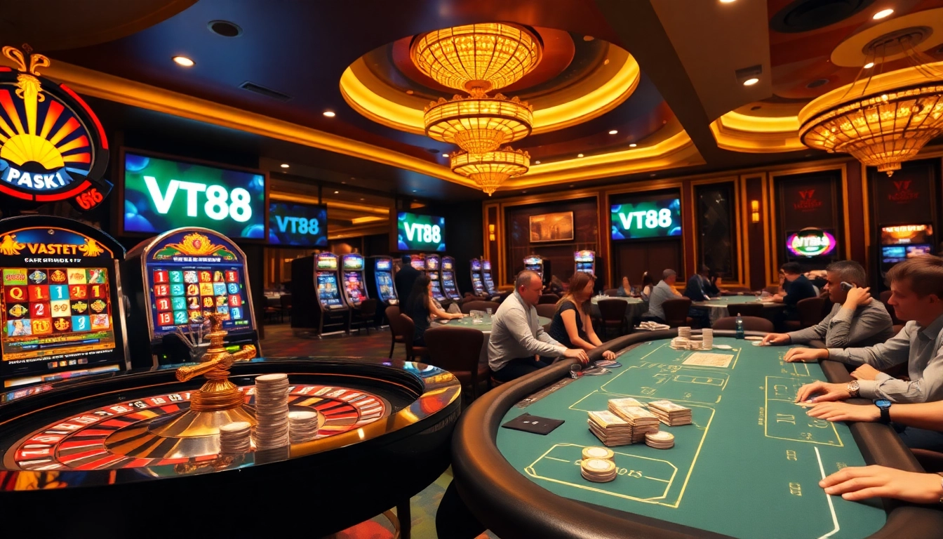 Players enjoying an exhilarating casino experience at VT88 with roulette and poker tables.