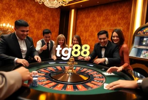 Experience the thrill of tg88 at an upscale casino with poker chips and roulette tables.