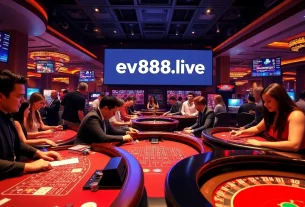 Exciting casino atmosphere with players at ev88win.live gaming tables.