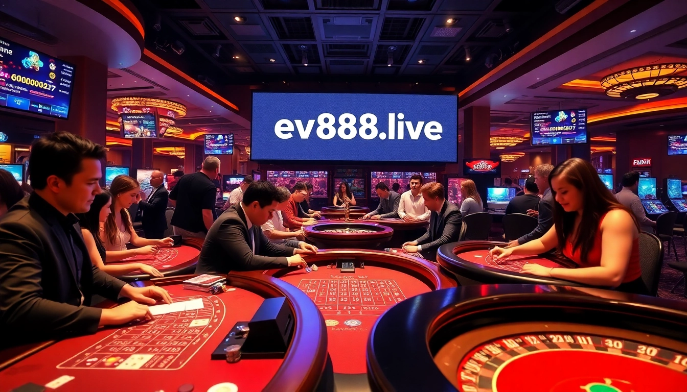 Exciting casino atmosphere with players at ev88win.live gaming tables.