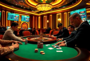 Engage with thrilling B8 poker gameplay at a luxury casino table featuring vibrant colors and strategic betting elements.