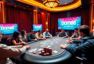 Players engaged in an exciting poker game at a luxury casino, featuring dom88.us.com branding.