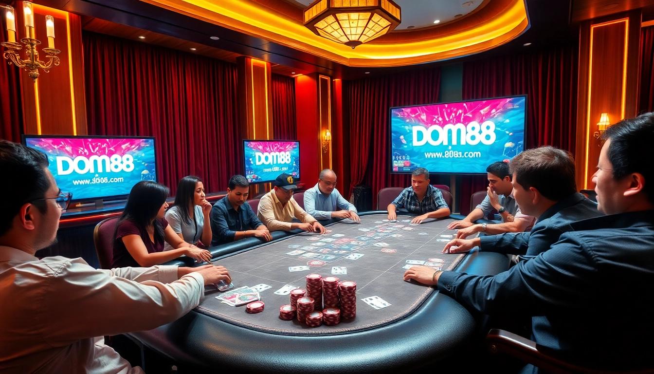 Players engaged in an exciting poker game at a luxury casino, featuring dom88.us.com branding.