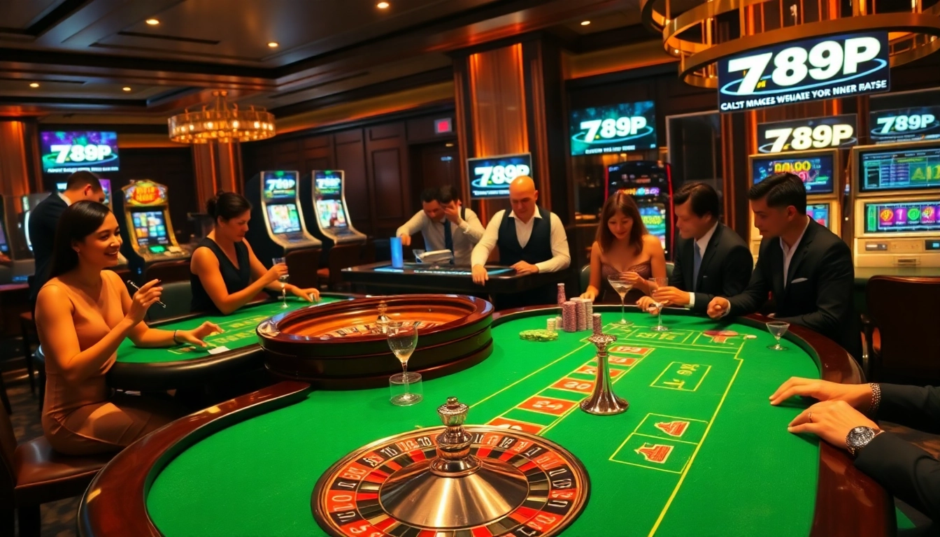 Players enjoying games at 789P casino with colorful roulette and poker elements.