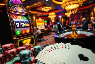 Play within the excitement of 7hh casino, featuring vibrant slot machines and poker chips.