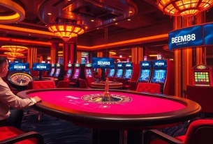 BEM88 players celebrating wins at a luxurious casino table with poker chips and cards.
