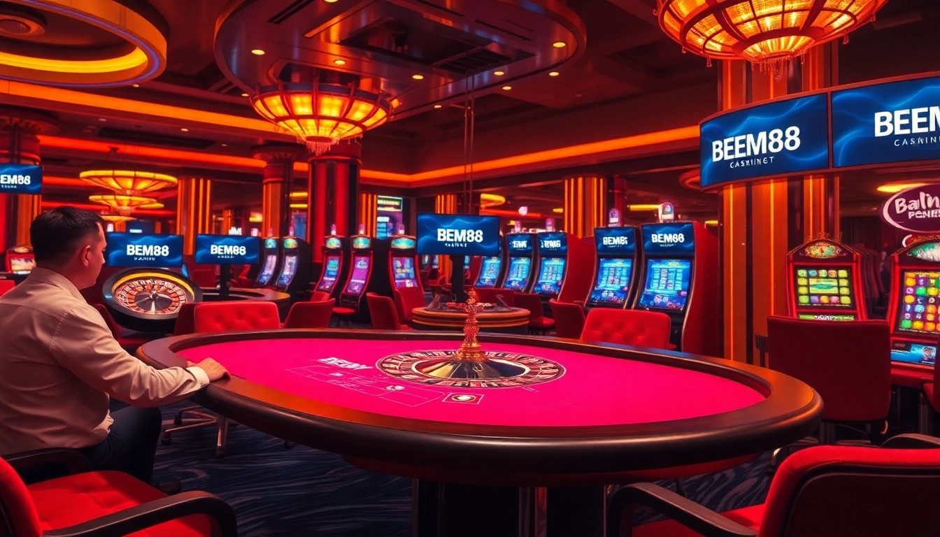 BEM88 players celebrating wins at a luxurious casino table with poker chips and cards.