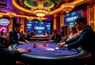 Excited players at an OKWIN casino table, showcasing a thrilling gambling experience.