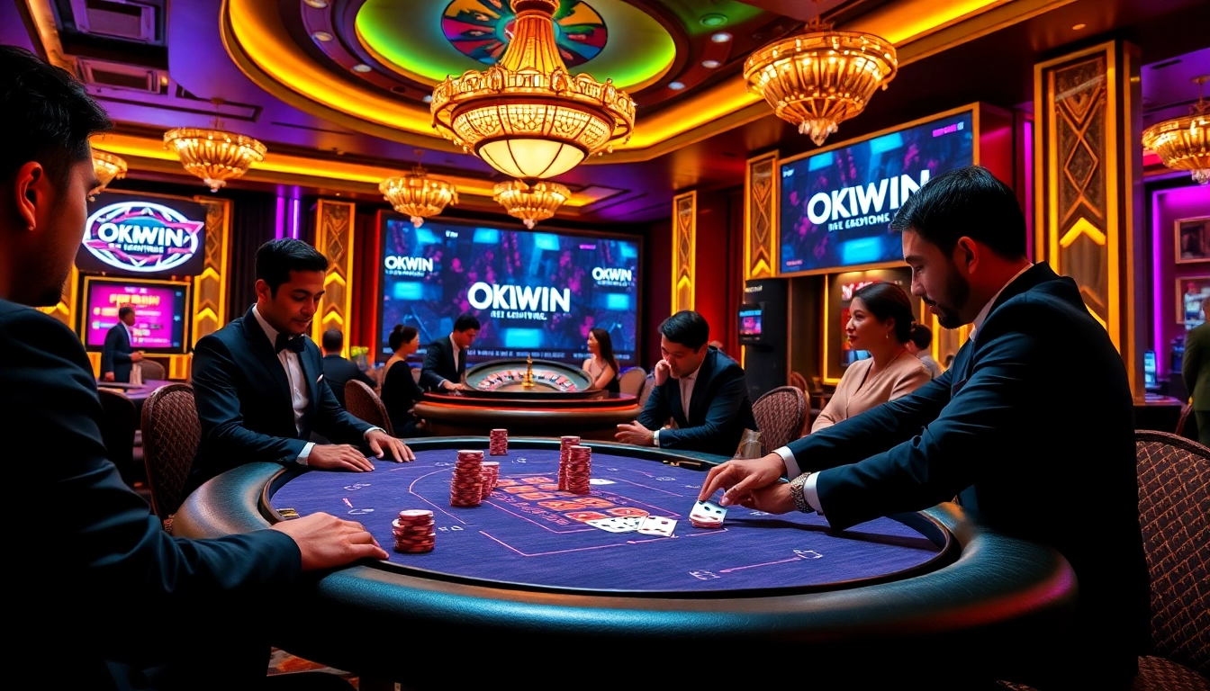 Excited players at an OKWIN casino table, showcasing a thrilling gambling experience.