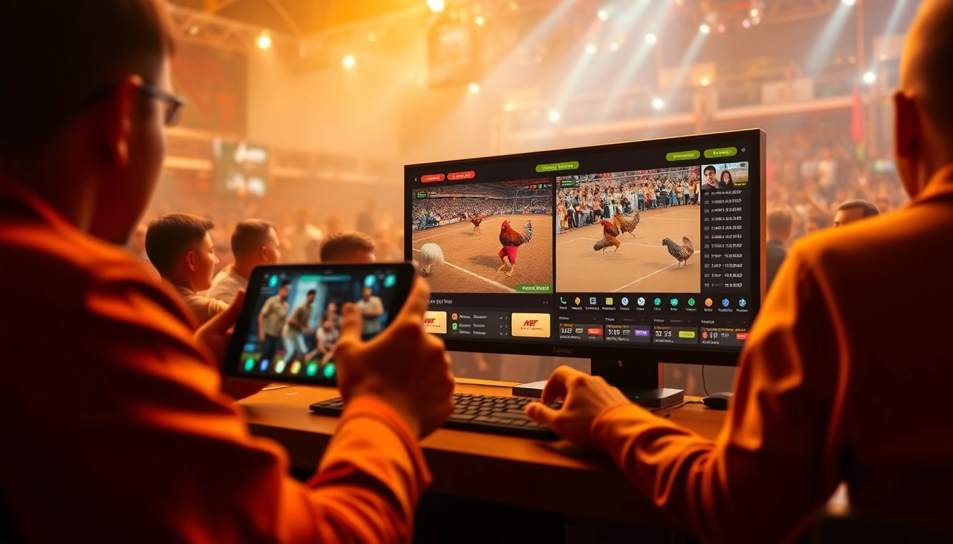 Dynamic image of online cockfighting betting scene at sv368win.live, featuring digital interface and engaged players.