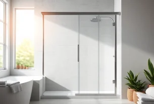 Stylish shower screen door enhances a modern bathroom with chic design and natural light.