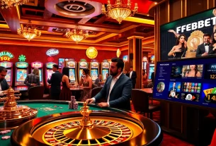 Experience thrilling gameplay with FEBET at a luxurious casino, featuring poker tables and vibrant slot machines.
