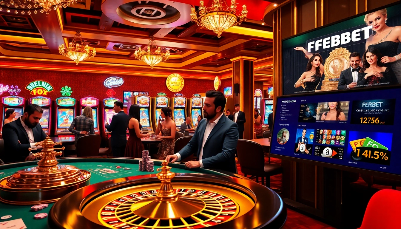 Experience thrilling gameplay with FEBET at a luxurious casino, featuring poker tables and vibrant slot machines.
