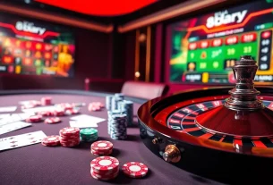 Engage with Nhà cái 8DAY at a vibrant casino table featuring poker chips and a roulette wheel.