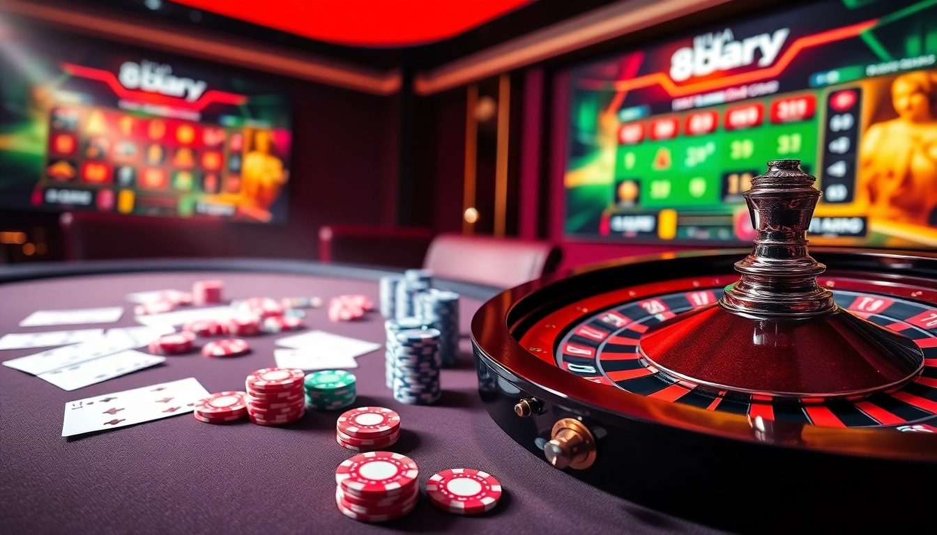 Engage with Nhà cái 8DAY at a vibrant casino table featuring poker chips and a roulette wheel.