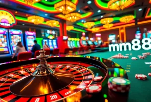 Players engaging in online gaming with mm88 link prominently featured amidst vibrant casino elements.
