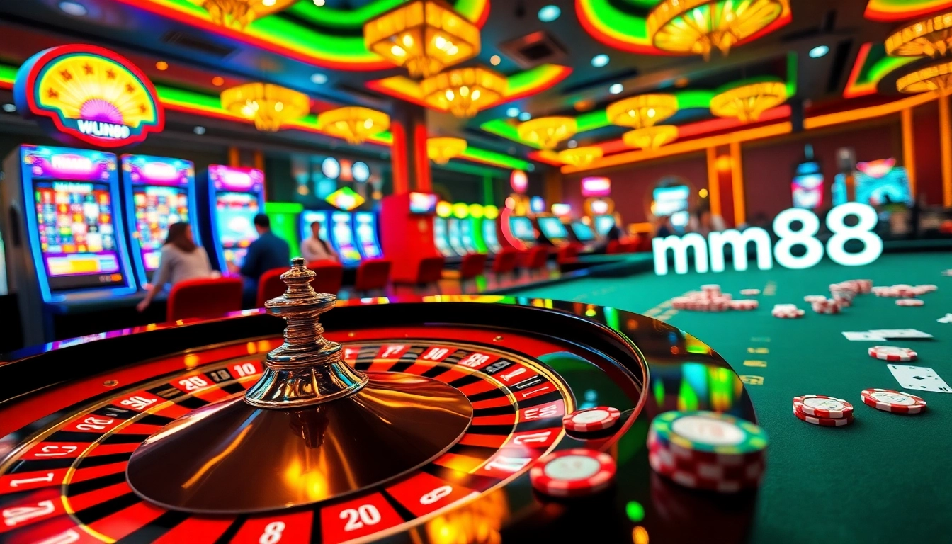 Players engaging in online gaming with mm88 link prominently featured amidst vibrant casino elements.