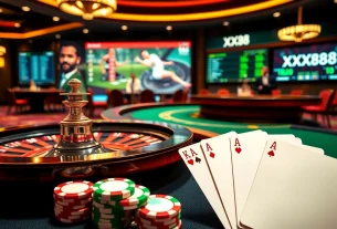 Winning at XX88 with luxurious casino tables, cards, and vibrant betting displays.