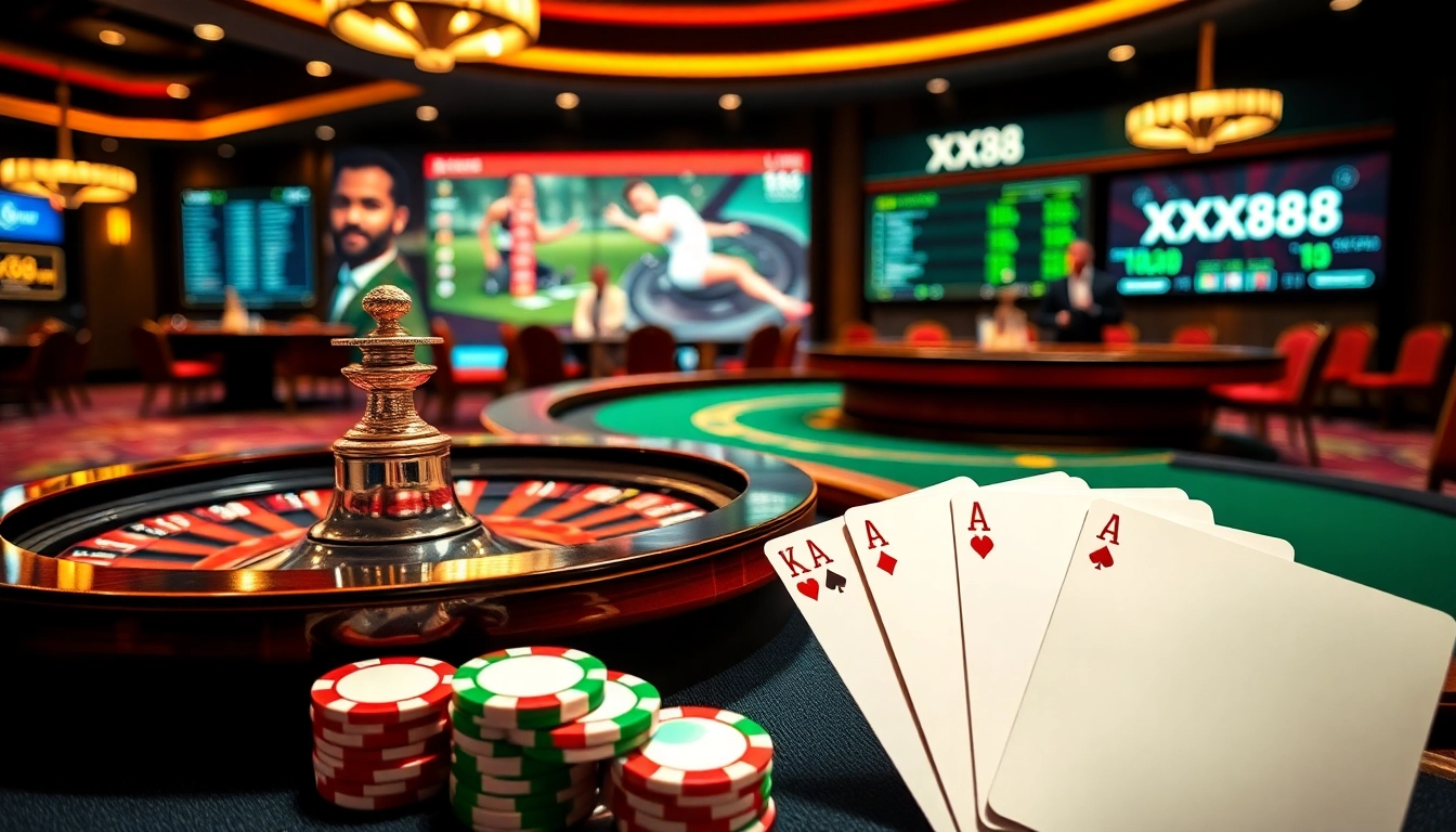 Winning at XX88 with luxurious casino tables, cards, and vibrant betting displays.